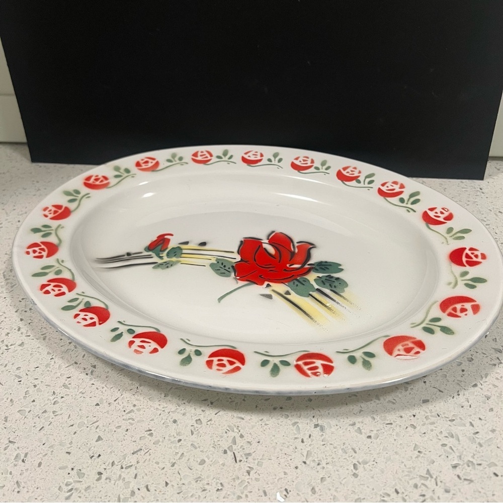 Vintage 1950s ST Deco Style Rose Enamel 15" Platter Tray Plate | Enamelware